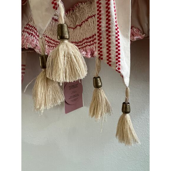 Raissa | Anthropologie NWT Ruffled Embroidered Cropped Blouse Beige Pink Red - Picture 11 of 14